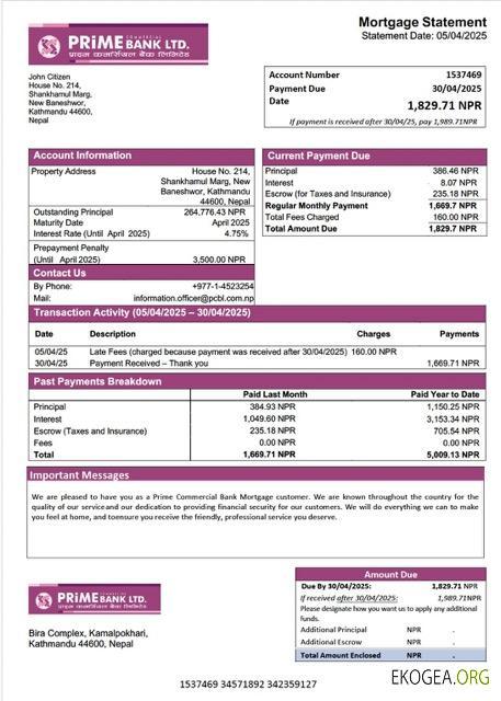 Modèle Word et PDF de relevé hypothécaire de la Nepal Prime Commercial Bank